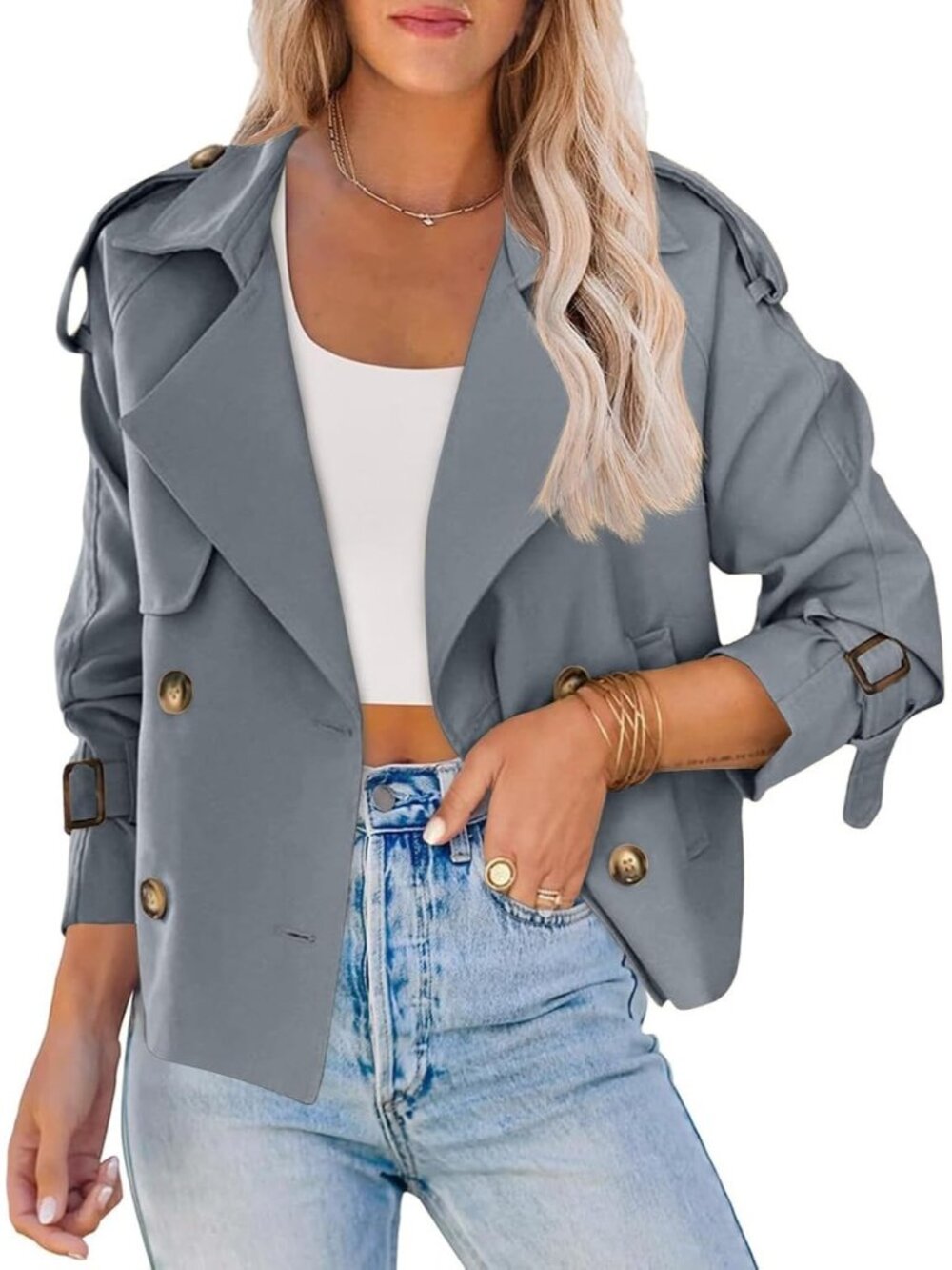 Women's Dark Grey Cropped Raglan Sleeve Lapel Collar Double Breasted Trench Coat